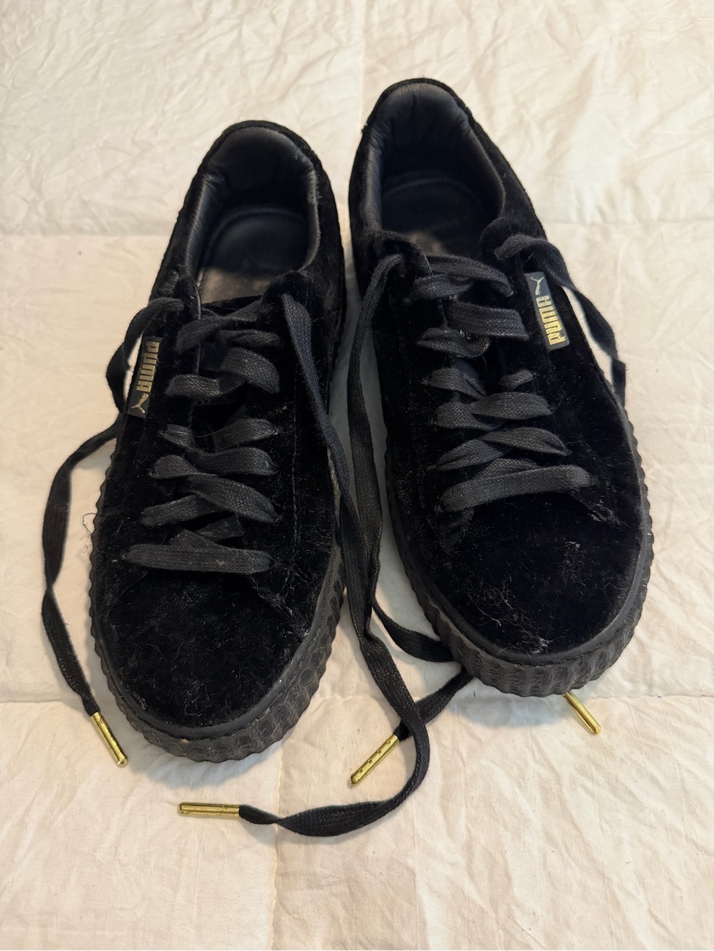 Puma Rhianna Black and Gold Velvety Platform Creepers